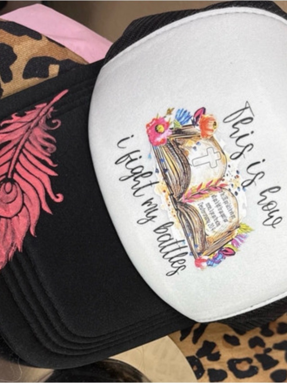 Women’s White & Black Trucker Hat with Inspirational Bible Design